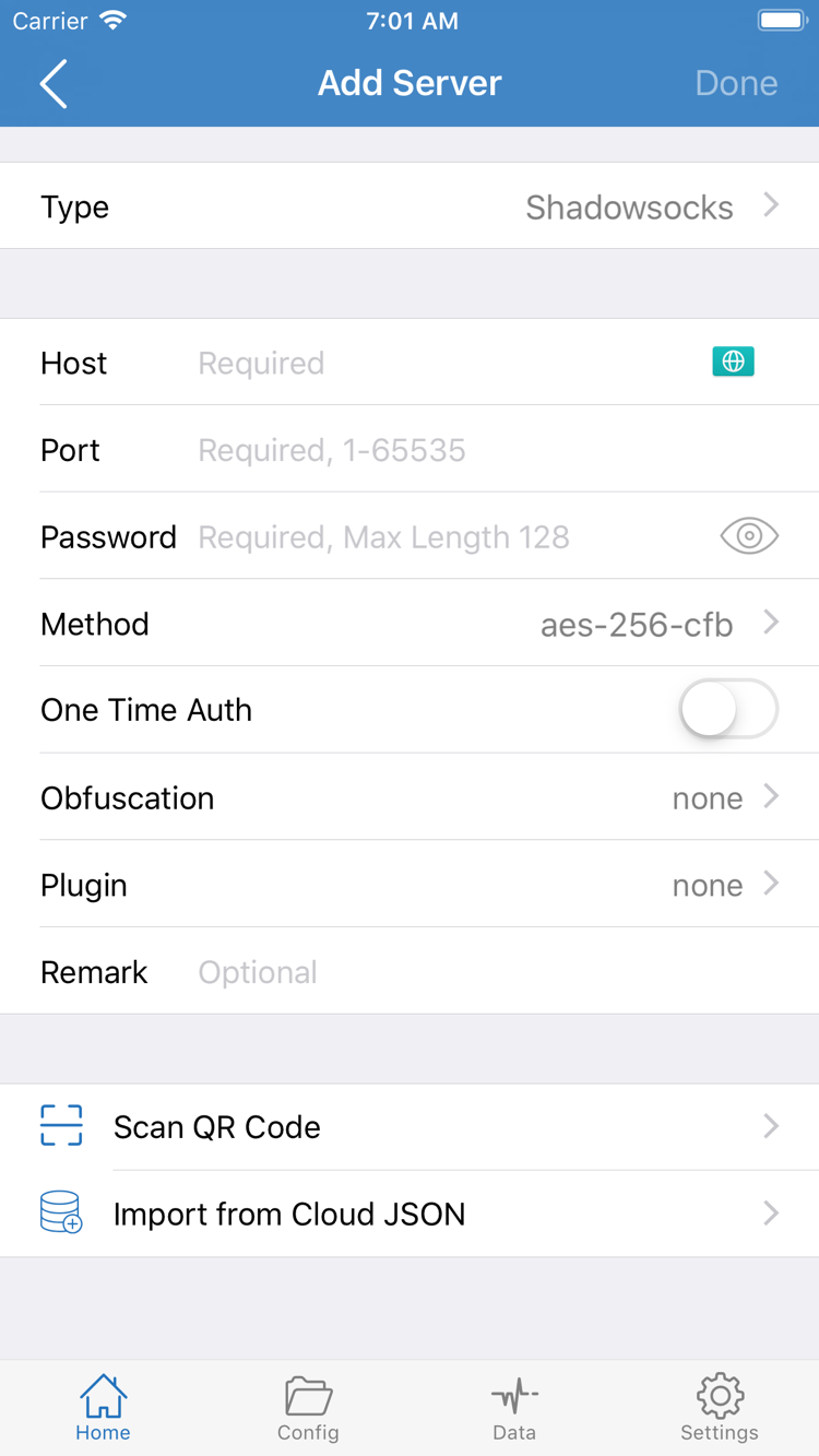 Official Shadowrocket Add Server screenshot showing Type, Host, Port, Password, and Method, along with the Scan QR Code and Import from Cloud JSON options