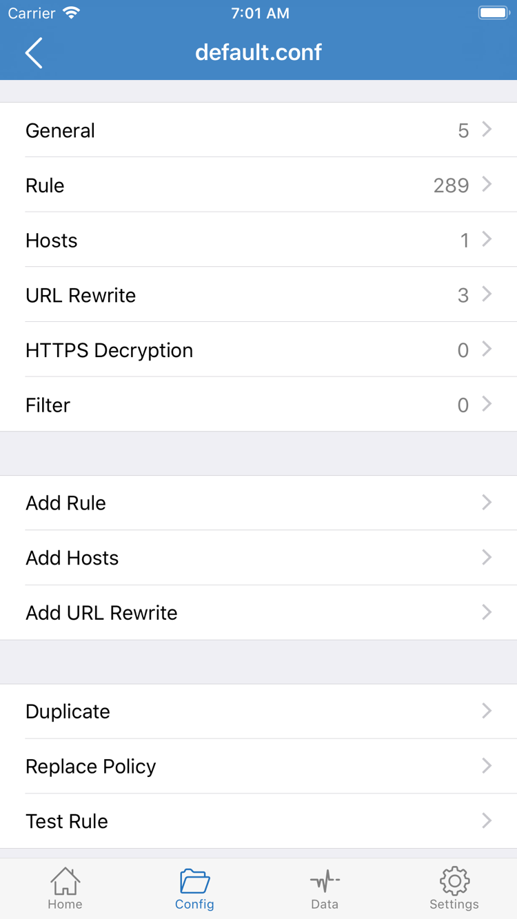 Official Shadowrocket Config screenshot showing the General, Rule, Hosts, URL Rewrite, and HTTPS Decryption sections, plus the Add Rule option