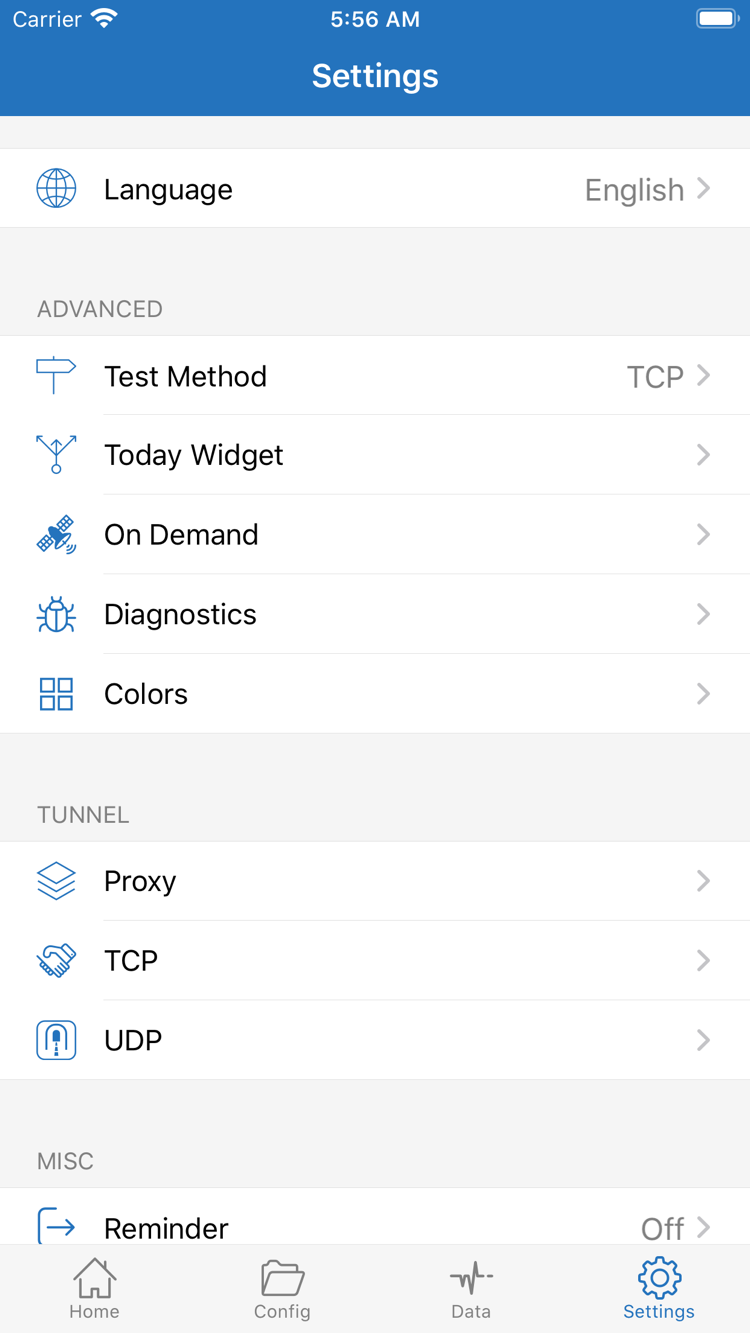 Official Shadowrocket Settings screenshot showing Language, Test Method, Today Widget, On Demand, Diagnostics, Proxy, TCP, and UDP options