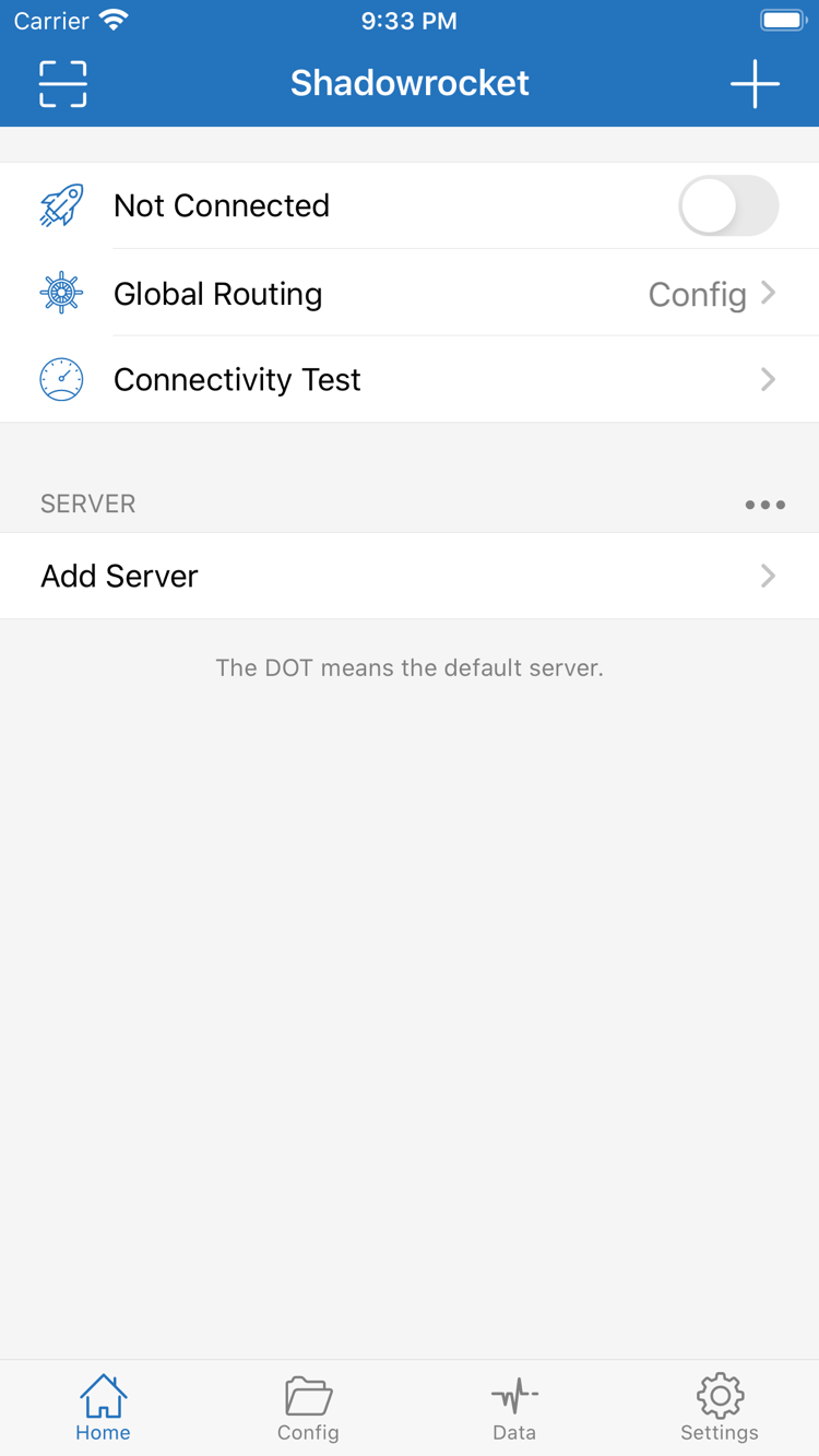 Official Shadowrocket Home screenshot showing the Not Connected switch at the top, Config under Global Routing, Connectivity Test, and SERVER with Add Server